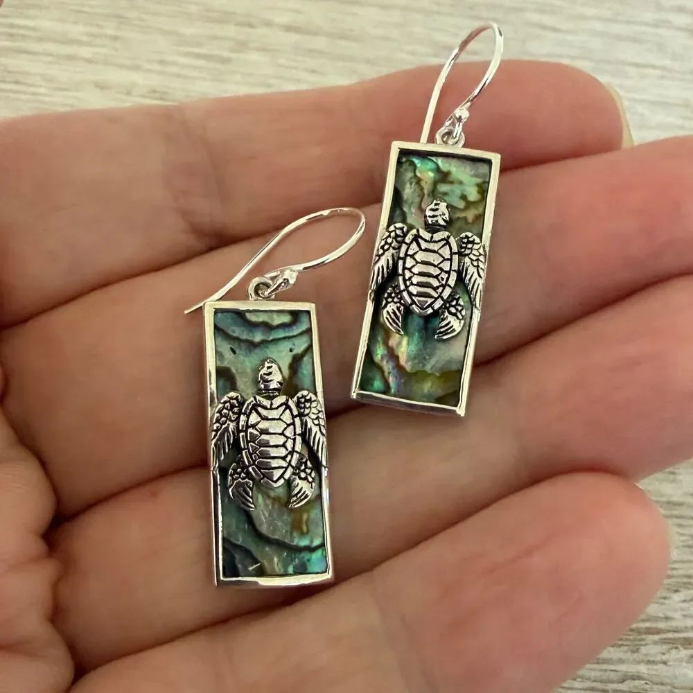 Sterling Silver Abalone Sea Turtle Earrings-Rectangle